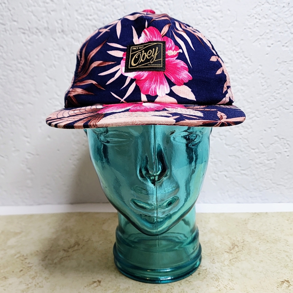 Obey Clothing Since 1989 Tropics Snapback Hat, Blue w Pink Floral Hawaiian Print